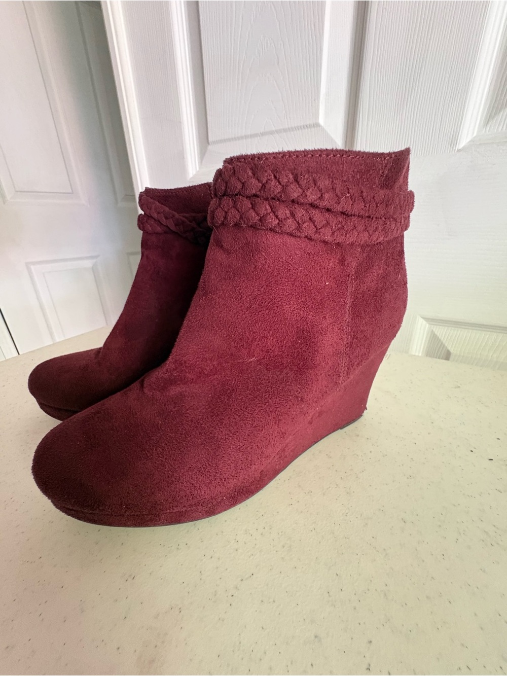JustFab Burgundy Suede Braided Trim Wedge Booties